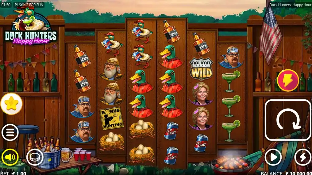Обзор слота Duck Hunters Happy Hour от Nolimit City, онлайн-казино со слотами, новые символы с высокой волатильностью, таблица выплат.